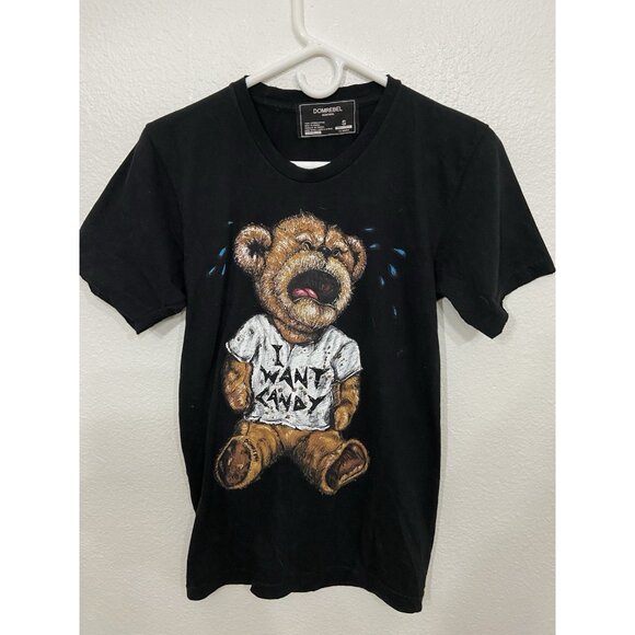 Domrebel Womens T-shirt Size Small Black Short Sleeve Cotton I Want Candy Bear - Picture 1 of 5